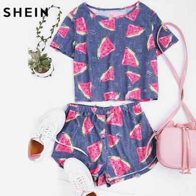 SHEIN Womens Two Piece Sets 2017 Summer Ladies Blue Short Sleeve Watermelon Print Frayed Dot Tee and Shorts Set