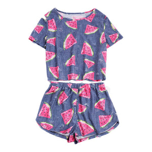 SHEIN Womens Two Piece Sets 2017 Summer Ladies Blue Short Sleeve Watermelon Print Frayed Dot Tee and Shorts Set