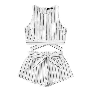 SHEIN Vertical Striped Crop Top And Self Belt Shorts Set Women Round Neck Sleeveless Backless Button Women Boho 2 Piece Sets