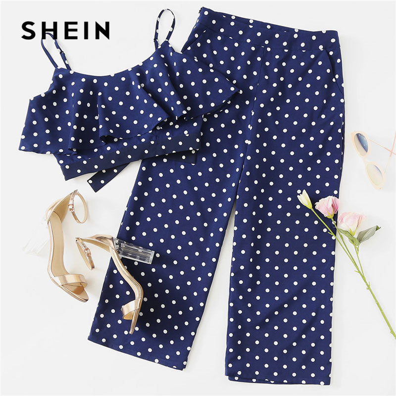 SHEIN Polka Dot Crop Cami Top And Palazzo Pants Set 2018 Women Spaghetti Strap Sleeveless Ruffle Button Vacation 2 Pieces Sets