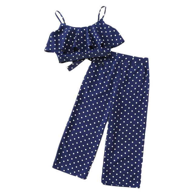 SHEIN Polka Dot Crop Cami Top And Palazzo Pants Set 2018 Women Spaghetti Strap Sleeveless Ruffle Button Vacation 2 Pieces Sets