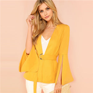 SHEIN Yellow Split Sleeve Belted Outerwear Office Ladies Long Sleeve Plain Wrap Workwear Coat Women Autumn Elegant Clothes